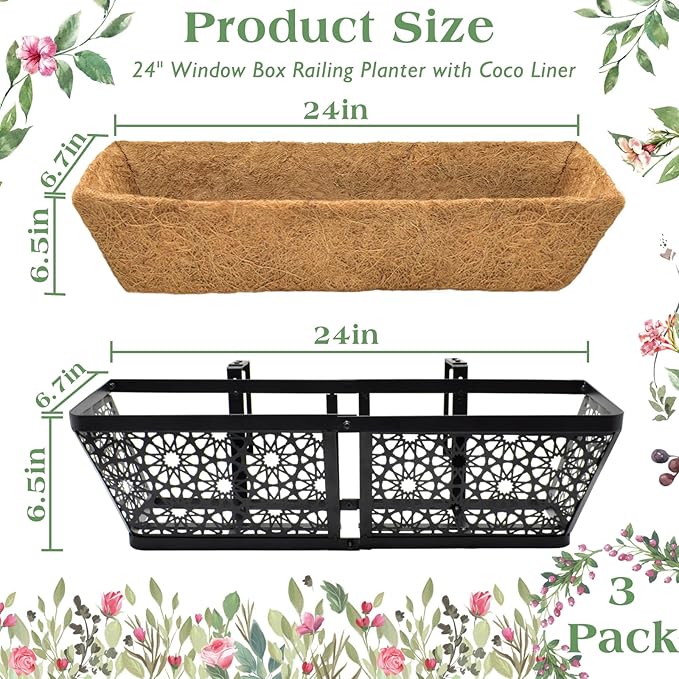ZeeDix Railing Planter Boxes, 24 Inch Window Flower Box Planters with Coco Liner & Adjustable Brackets for Deck Porch Fence Patio Balcony Gardening Outdoor Plants (2 Pack)