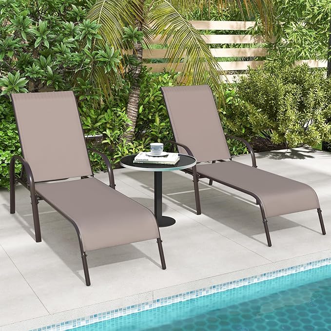 Giantex Patio Lounge Chair, Outdoor Chaise Lounge with 5 Adjustable Backrest, Sturdy Metal Frame, Sunbathing Recliner, Tanning Chairs for Outside, Beach, Yard, Balcony, Poolside, Brown