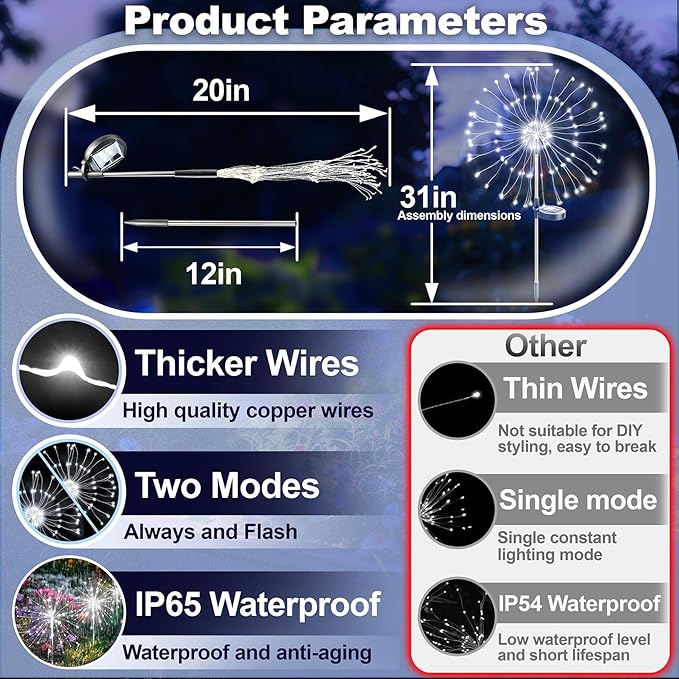 Anordsem Solar Fireworks Lights Outdoor: Garden Light Waterproof for Yard Outside - LED Starburst White Lighting Patio Path Decor 8 Pack - Gardening Gifts for Women Mom Homeowner