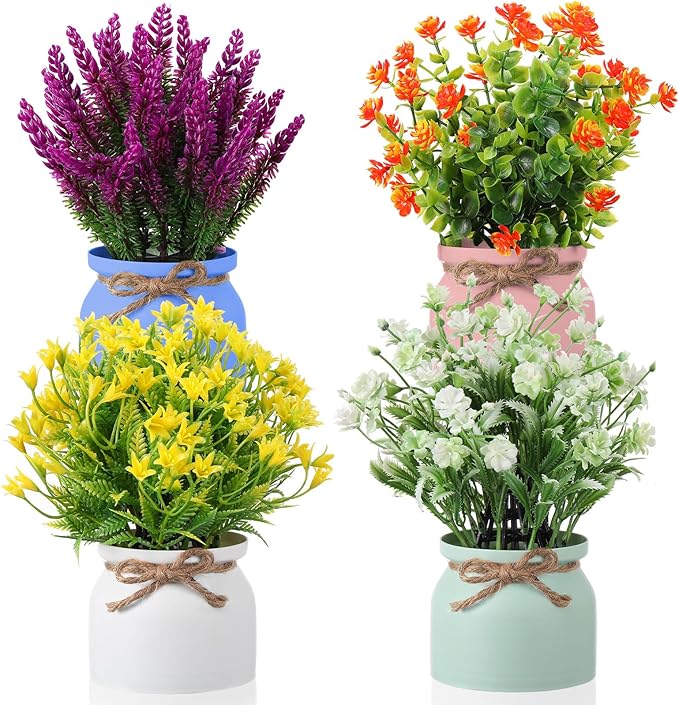 Cindeer 4 Pcs Large Artificial Potted Flowers Fake Potted Plants Plastic Faux Flowers for Home Decor Indoor Artificial Plants in Pots for Wedding Home Desk Tabletop Outdoor Office Kitchen (Classic)