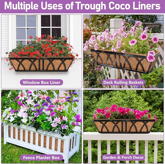 Riare 4 Pack 30 Inch Rectangle Coconut Liners for Planters, Natural Coconut Fiber Planter Liners, Window Box Liner Trough Coco Liner for Outdoor Flower, Garden Wall, Deck & Fence Planter Boxes