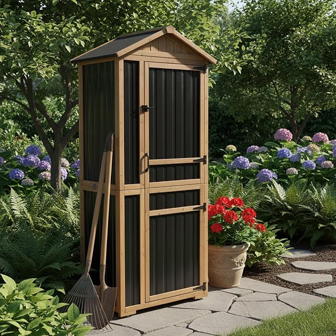 Large Outdoor Storage Cabinet with 4 Shelves, Wood Outdoor Storage Shed with Weatherproof Roof, Lockable Doors, Tall Outdoor Patio Cabinets for Garden Tool and Accessories, Brown