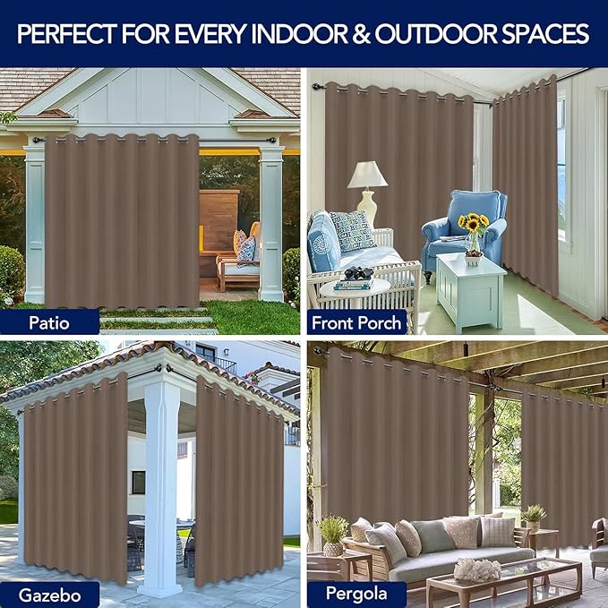 PureFit Outdoor Curtains for Patio Waterproof Weatherproof, UV Resistant Outside Curtains for Gazebo, Front Porch, Pergola, Sun Blocking Privacy Curtain, 120W x 84L inch, 1 Panel, Camel