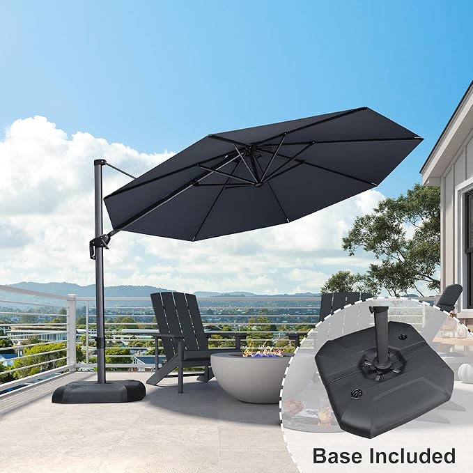 PURPLE LEAF 11 Feet Patio Umbrella with Base Outdoor Cantilever Round Umbrella Aluminum Offset Umbrella with 360-degree Rotation for Garden Deck Pool Patio, Grey