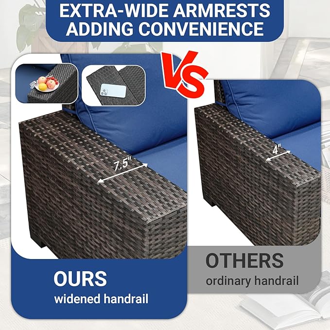 Jing's Villa 5-Piece Patio Furniture Set, All-Weather Outdoor Wicker Sectional Sofa with Cushions, Tempered Glass Table & Ottoman,Rattan Conversation Seating for Porch, Garden, Backyard,Navy