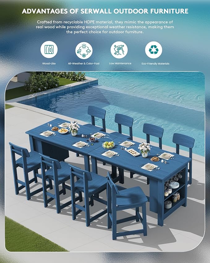 SERWALL Outdoor Bar Table, All Weather HDPE 36" Counter Height Dining Table with Storage and Wine Rack for Patio, Garden, Backyard, Balcony, Poolside, Blue