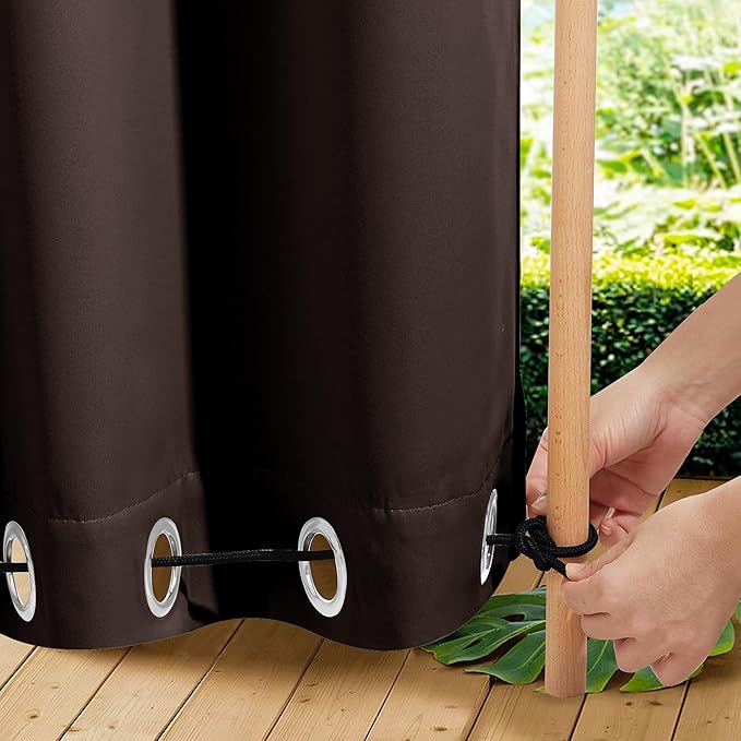 NICETOWN 2 Panels Outdoor Curtains for Patio Extra Wide 84", Waterproof & Windproof Grommet & Back Tab Fixed Top and Bottom Thermal Insulated Drapes with Rope for Gazebo, Toffee Brown, W84 x L95