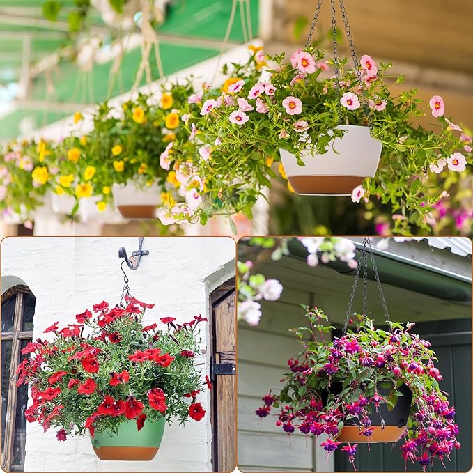 Mumufy 6 Pcs 8 Inch Hanging Planter for Indoor and Outdoor Plants Plastic Hanging Flower Pots with Drainage Hole and Removable Saucer Hanging Plant Holder Plant Hanging Basket (Mixed Colors)