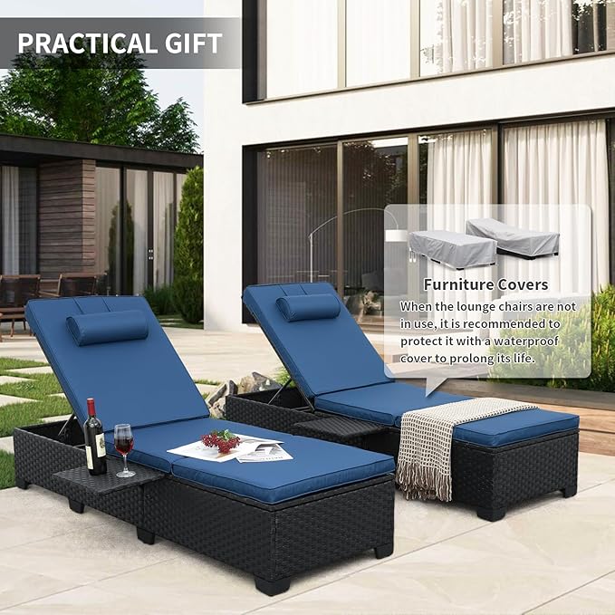 WAROOM Outdoor Chaise Lounge Chairs for Outside Patio Furniture Set of 2 Wicker Recliner Black Rattan Sunbathing Lounger Adjustable Backrest Pool Reclining Chair, Navy Blue Cushion