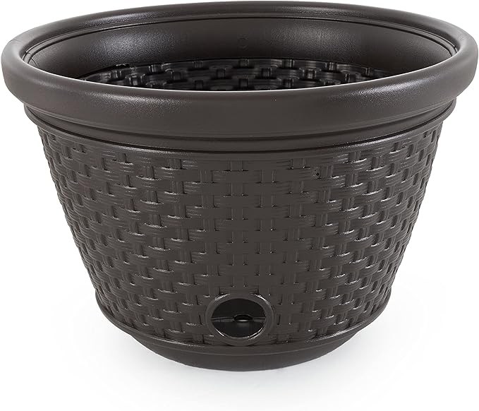 Suncast 2 Pack Decorative Wicker Garden Hose Holder Pot with 4 Drain Holes for 100 Foot Hoses, Java