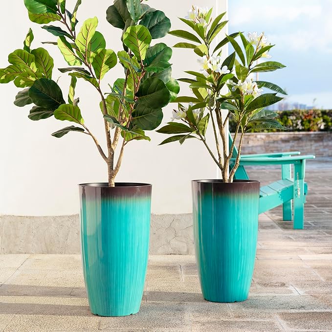 Glitzhome 23.5" H Tall Outdoor Planter, Set of 2 Large Tall Planters with Gradient Turquoise Faux Ceramic Finish, Large Flower Pots for Porch Garden Patio Indoor All Season Decor,with Drainage Holes