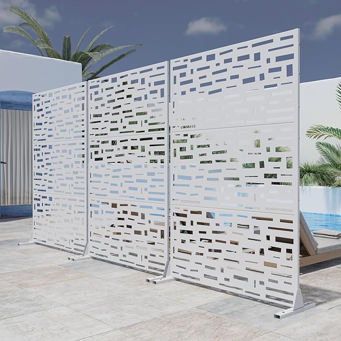 Casaphoria Metal Privacy Screen Outdoor, 72" H x 47" W Freestanding Decorative Privacy Screen for Patio Deck Balcony Garden with Stable Base, White-Gerald