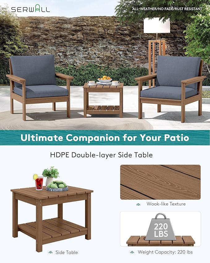 SERWALL HDPE Patio Sofa Set, 3-piece Sectional Outdoor Furniture Set, All Weather Outdoor Couch Set Patio Furniture Set for Deck, Lawn, Brown Frame with Grey Cushion