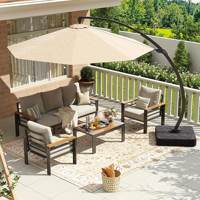 Aoxun Aluminum Patio Furniture Set with Umbrella 5 Seats, Oversized Outdoor Sectional with Washable Thick Cushions, Coffee Table and Waterproof Cover, Patio Conversation Sets for Porch, Balcony, Deck