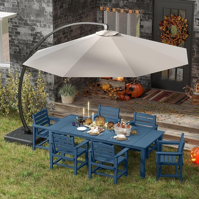 7-Piece Black Outdoor Dining Set with Beige 11FT Large Patio Umbrella, 75.2'' HDPE Table & Chairs for 6, Weather-Resistant Furniture with Umbrella Hole for Patio, Lawn, Poolside