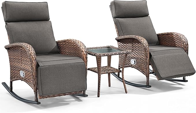 3 Pieces Zero Gravity Wicker Patio Rocking Recliner Chairs Set of 2 - Wicker Outdoor Lounge Chair with Side Table, Adjustable Backrest & Footrest, High Back Outdoor Recliner Chair for Pool Deck Gray