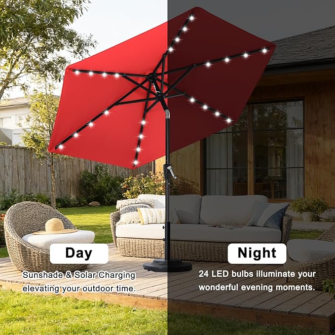 ABCCANOPY Durable Solar Led Patio Umbrellas with 24LED Lights 7.5FT (Red)
