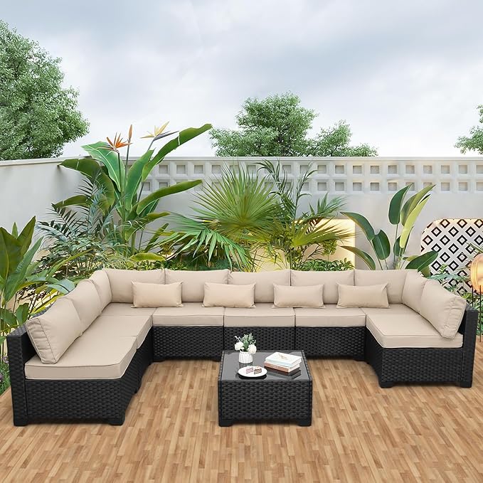 9 Pieces Outdoor Sectional All-Weather Wicker Patio Furniture Set Patio Sectional Glass Patio Table Non-Slip Cushions and Waterproof Covers, Khaki
