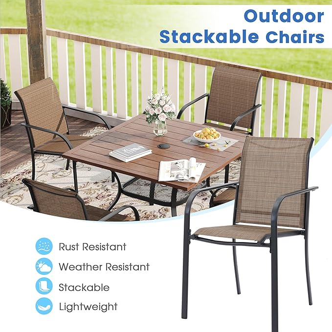 VICLLAX 5 Pieces Patio Dining Set, Outdoor Furniture Set Includes 1 Square Outdoor Table and 4 Stackable Patio Sling Chairs, Black Tabletop and Brown Fabric