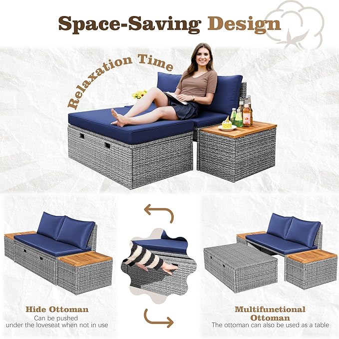 Flamaker Outdoor Rattan Lounge Chair with 2 Side Tables, Multifunctional Outdoor Patio Daybed with Footrest, Cushions, Storage Ottoman,Chaise Lounge Chair for Backyard Porch Poolside(Deep Blue)