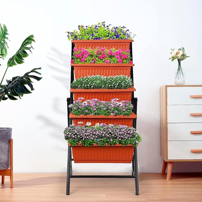 Homdox 5-Tier Elevated Garden Bed- Freestanding Vertical Raised Bed for Gardening, 5 Garden Planter Boxes and 5 Hooks, Perfect to Grow Vegetables Herbs Flowers Indoor(Brick Red)