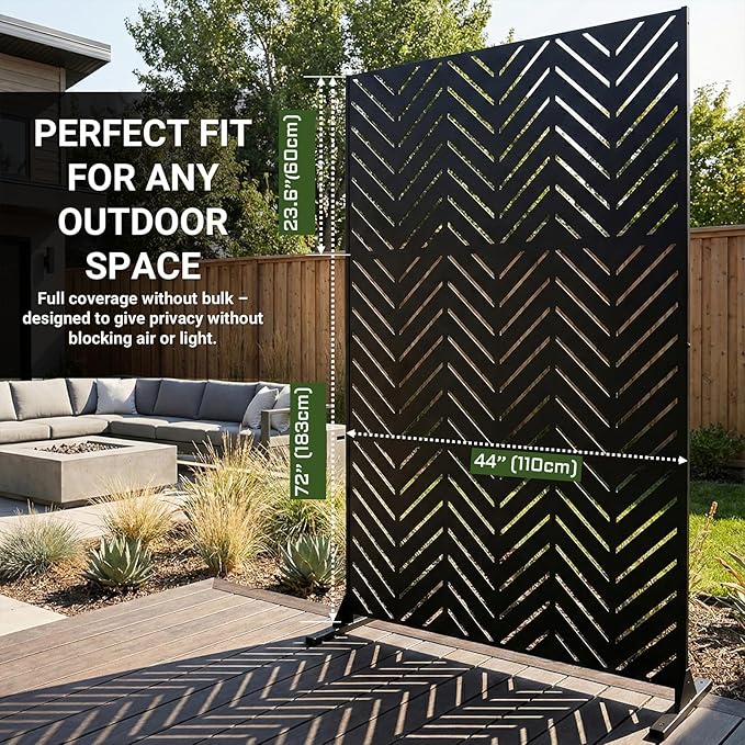 Metal Privacy Screen Outdoor – 6FT Freestanding Decorative Steel Panel with Stand, Laser-Cut Chevron Pattern Modern Privacy Divider, Rustproof & Weather-Resistant Screen for Patio, Garden & Backyard
