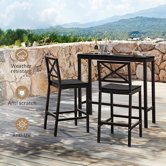 Outdoor Bar Table, 45" Patio Bar Height Counter Console Table, Black Waterproof HDPS Slatted Top and Bronze Leg, Weather Resistant, Hot Tub, Balcony, Yard, Indoor or Outdoor Use