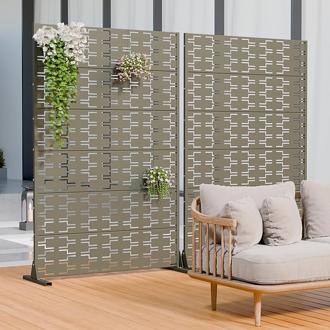 Casaphoria Metal Privacy Screen Outdoor, 72" H x 47" W Freestanding Decorative Privacy Screen for Patio Deck Balcony Garden with Stable Base, Grey-Brick