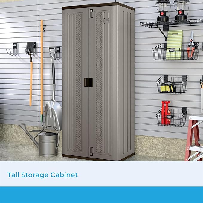 Suncast Tall Storage Cabinet, Platinum Resin Garage Storage Cabinet with Doors & Shelves, Plastic, Lockable, Freestanding Utility Closet for Tools & Supplies, Made in USA