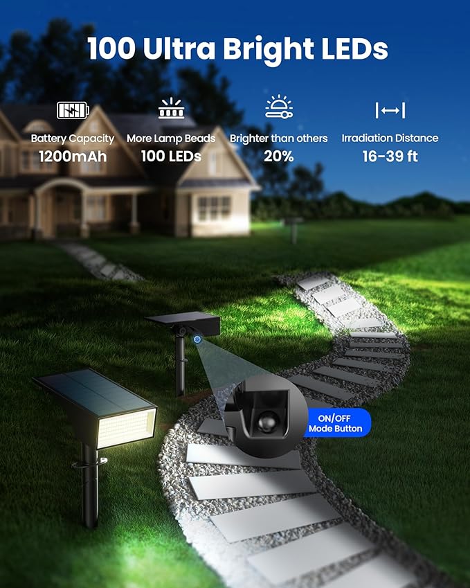 Koicaxy Solar Spot Lights Outdoor Waterproof IP65, 100 LEDs 4 Lighting Modes Landscape Spotlight for Garden Yard Pathway House, Cool White, 1 Pack