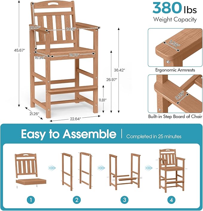 Ciokea Heavy Duty Bar Height Chair, 380lbs Outdoor Adirondack Tall Bar Chair Patio Stool with Arms & High Back, Heavy Duty All-Weather for Balcony, Poolside, Deck and Garden, Teak