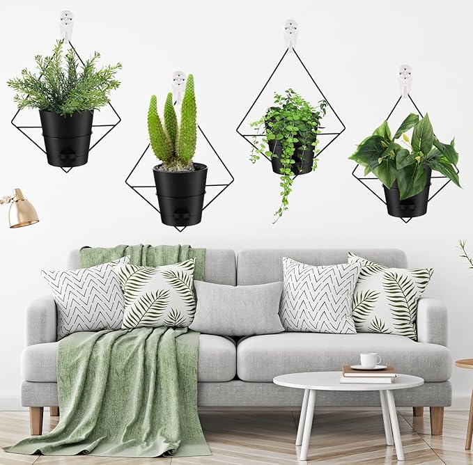Baderke 6 Sets Wall Planters for Indoor Plants Hanging Wall Planter with Metal Holder Geometric Self Watering Wall Pots Mounted Succulent Pots, 5" Black Plant Container