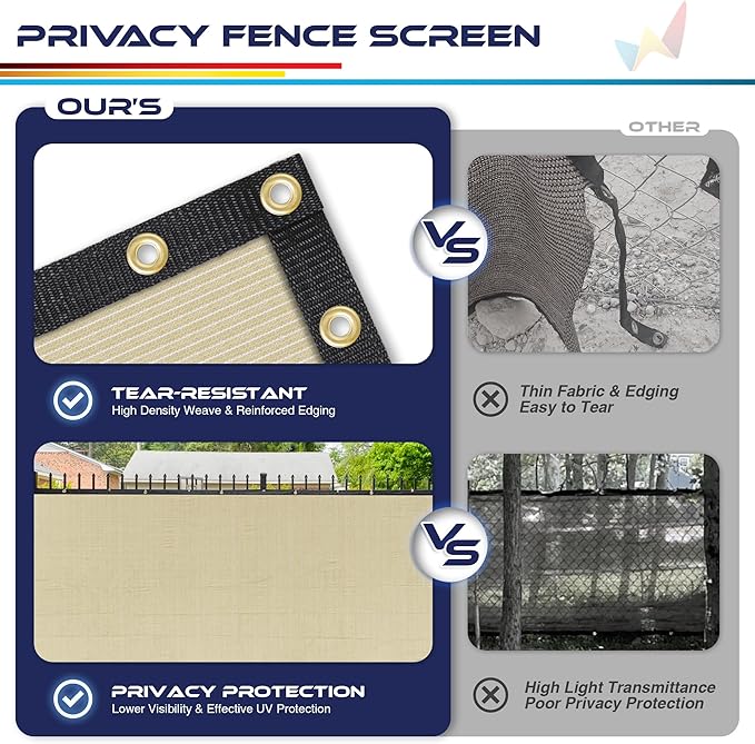 Windscreen4less Privacy Fence Screen Heavy Duty Windscreen Fencing Mesh Fabric Shade Net Cover with Brass Grommtes for Outdoor Wall Garden Yard Pool Deck, 6'x109' Beige