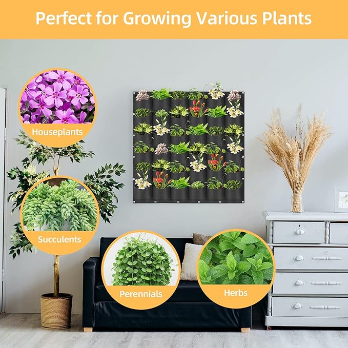 Hanging Planting Grow Bags, 36 Pockets Hanging Vertical Wall Planter Wall Mounted Grow Bag Outdoor Indoor Gardening Vertical Greening Flower Container, Planting Bags Storage Bags(1.0 m × 1.0 m, Black)