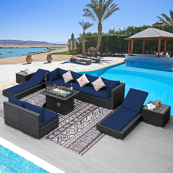 NICESOUL 11 Piece Outdoor Sectional with Fire Pit Table, 29.3'' High Back Rattan Patio Furniture Set with Firepit & Chaise Lounge, Large Deep Outdoor Sectional, 2 Color Cushion Navy Blue & Grey