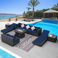 NICESOUL 11 Piece Outdoor Sectional with Fire Pit Table, 29.3'' High Back Rattan Patio Furniture Set with Firepit & Chaise Lounge, Large Deep Outdoor Sectional, 2 Color Cushion Navy Blue & Grey