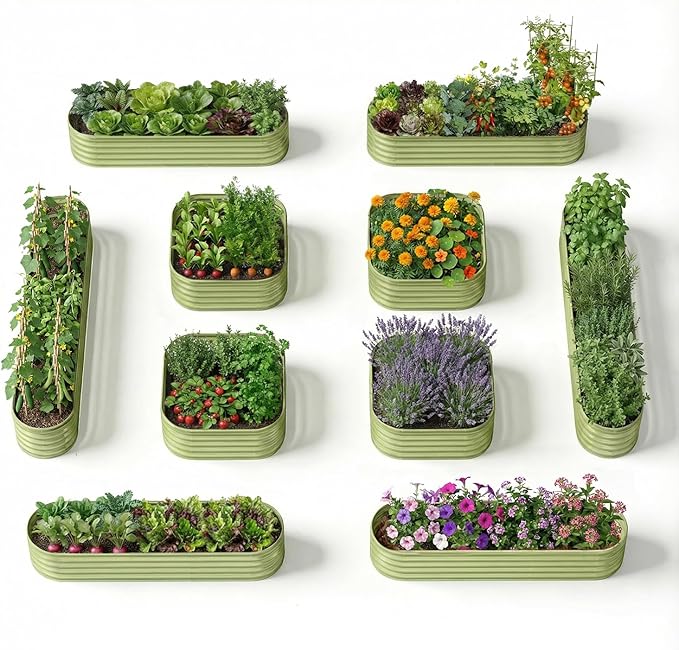 10-Pack 18” Tall Galvanized Raised Garden Beds – Compact Backyard Garden Layout, Fits 440 Sq Ft Backyard, 8x2 ft & 10x2 ft Metal Raised Flower Bed Kits for Outdoor Gardening - Moss Green