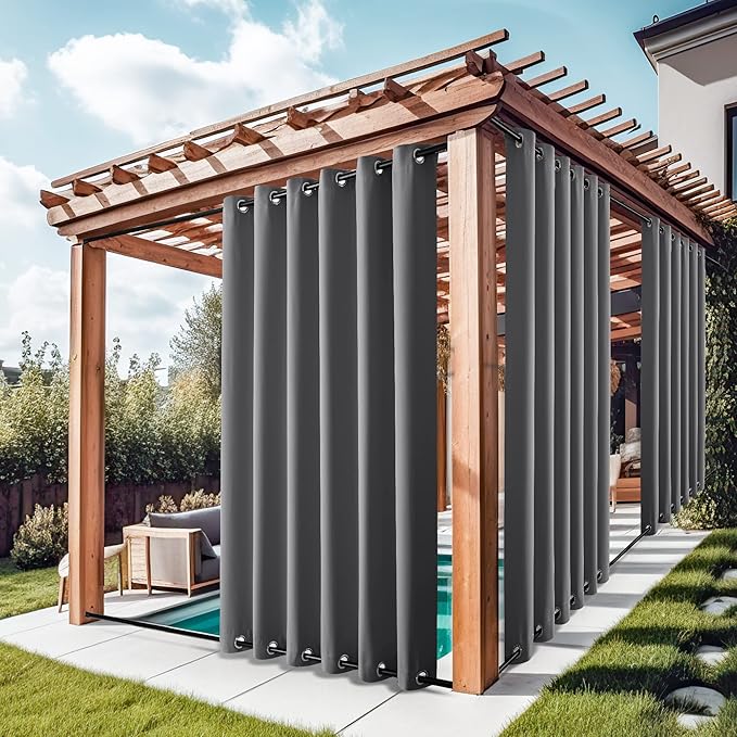 NICETOWN 2 Panels Outdoor Curtains for Patio Waterproof 108" Length, Thermal Insulated Rustproof Top and Bottom Grommet Fixed Weighted Blackout Outdoor Drapes for Porch/Gazebo, Grey, W84 x L108