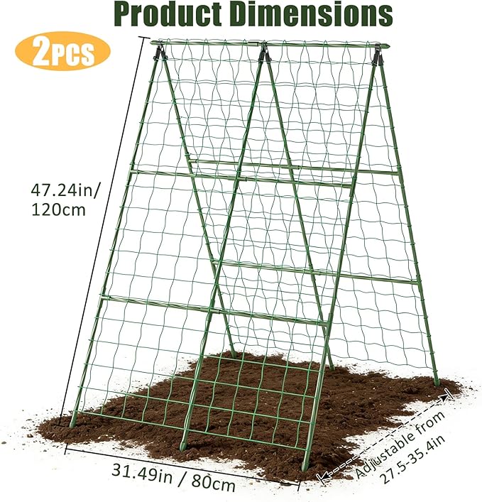 Miory Cucumber Trellis for Raised Beds, 2 Pack 32x48" A-Frame Garden Trellis, Climbing Plant Support with Netting for Cucumber Tomato Bean Pea