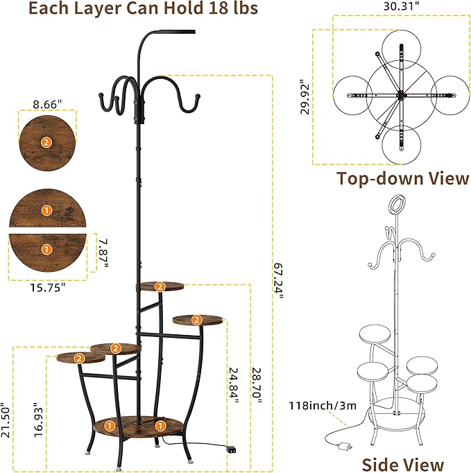 Plant Stand Indoor with Grow Light - 72" Tall Plant Shelf Indoor, 5 Tiered Corner Plant Stands for Indoor Plants, Hanging Plant Holder Flower Display Holders for Living Room, Balcony Decor