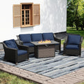 Joyside Wicker Patio Furniture Sets, 4 Pieces Upgraded Large Size Outdoor Furniture with Patio Dining Chair, 3-Seat Sofa, Fire Table,Thick Cushions, Wide Armrest, Blue