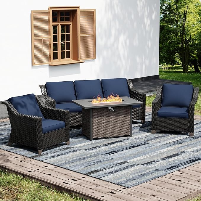 Joyside Wicker Patio Furniture Sets, 4 Pieces Upgraded Large Size Outdoor Furniture with Patio Dining Chair, 3-Seat Sofa, Fire Table,Thick Cushions, Wide Armrest, Blue