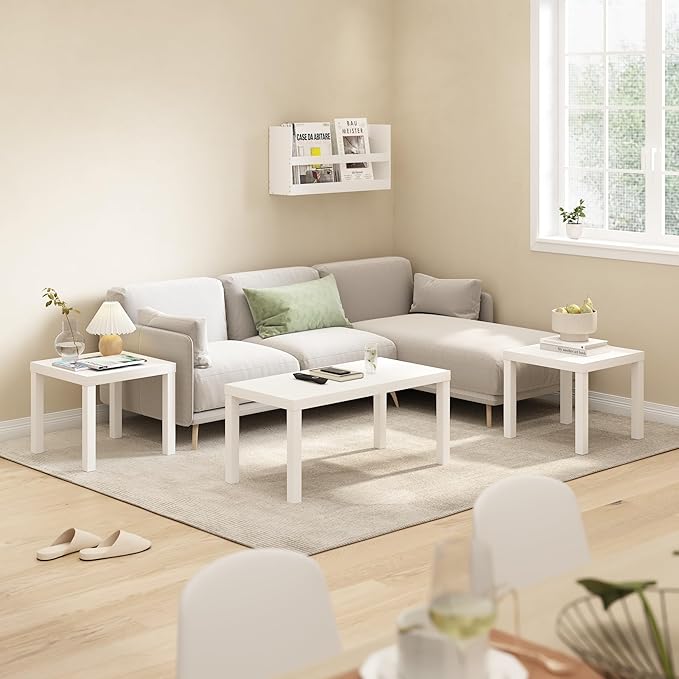 Furinno Classic Living Room Table Set of 3, Modern Rectangle Coffee Table with 2 Side Tables, End Tables, 1.65 Inch Thick Tabletop for Living Room, Home Office, White
