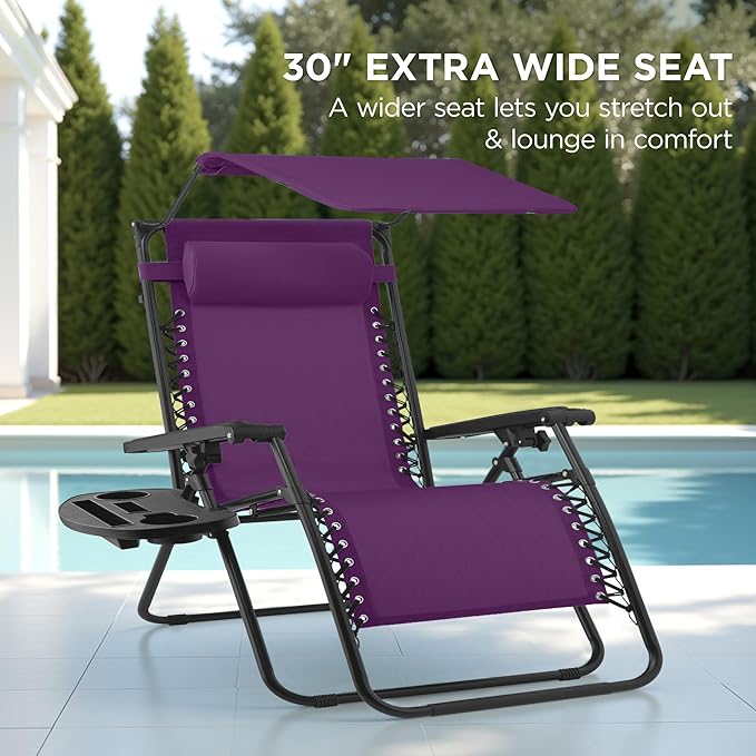 Best Choice Products 30” Wide Folding Zero Gravity Outdoor Recliner Patio Lounge Chair w/Adjustable Canopy Shade, Headrest, Side Accessory Tray - Amethyst Purple