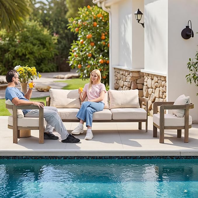 Outdoor Patio Furniture Set, Metal Patio Conversation Set with 6" Thick Cushions, Outdoor Couch and Patio Chairs Set for Backyard Porch Balcony, Beige