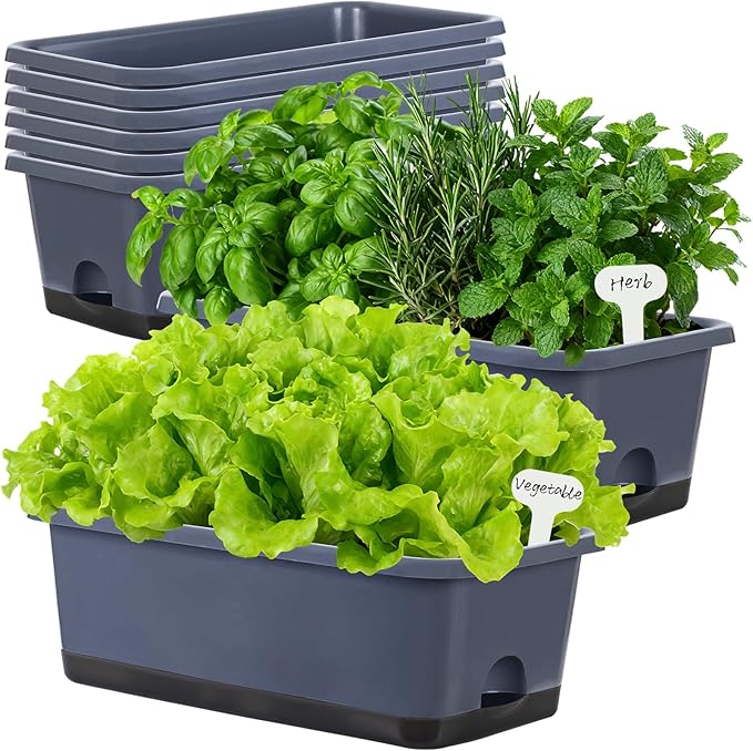 Window Box Planter 8 Pcs, 17 Inches Rectangle Flower Pots with Drainage Holes and Trays, Vegetable Planters for Windowsill Patio Garden Balcony Home Porch Yard Indoor Outdoor (Grey)