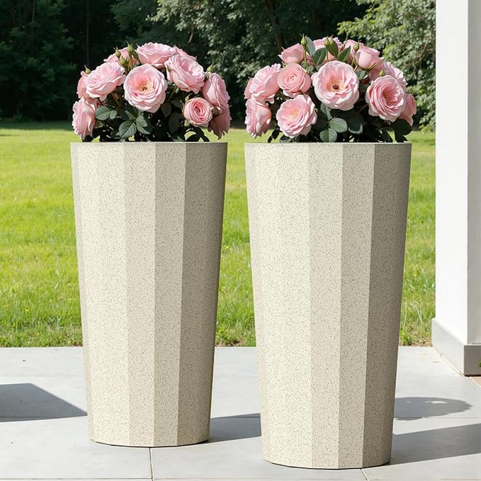 23.6" Tall Outdoor Planters Set of 2, Large Planters for Outdoor Plants for Porch Decor with Drainage Hole, Wide Stripe Design Porch Flower Pots for Indoor Pot Patio/Garden, Off White