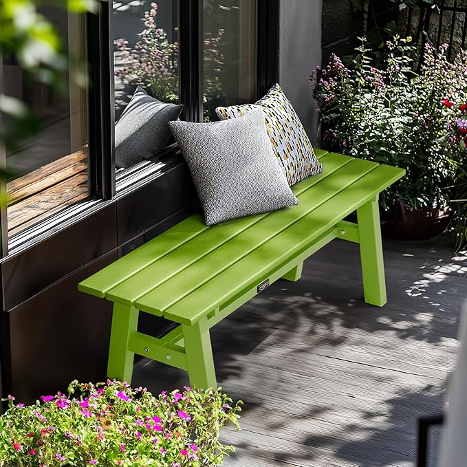 VINGLI 47” Outdoor Bench Garden Bench HDPE Porch Bench w/Metal Legs, Poly Lumber Patio Bench, 660 LBS Capacity Outdoor Backless Bench(Green)