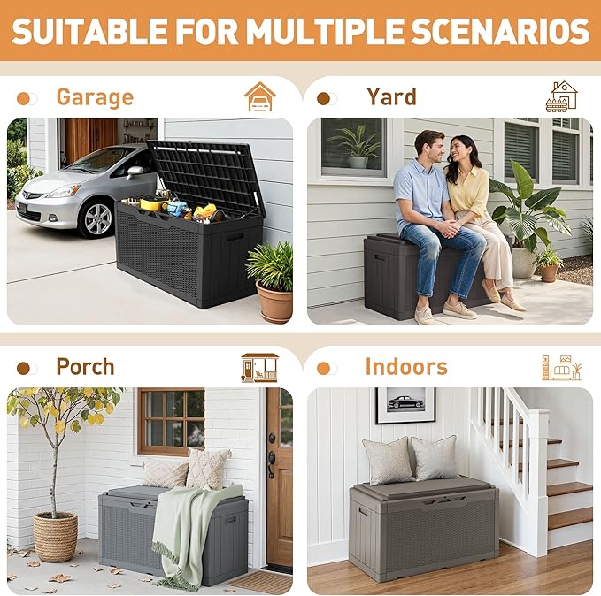 Greesum 100 Gallon Resin Deck Box Large Outdoor Storage Boxes with Cushions for Garden Tools, Patio Furniture Pillows, Pool Supplies, Gray