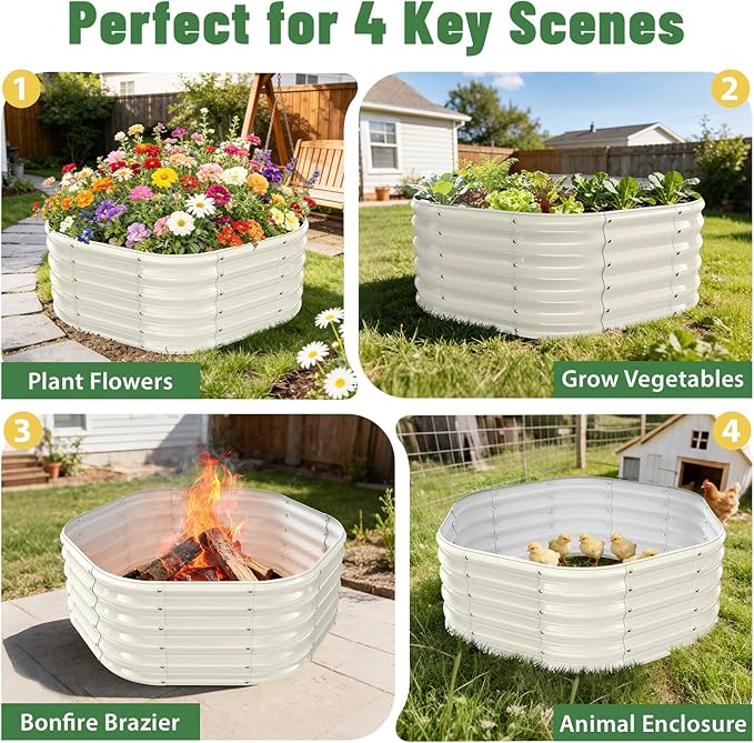 Hexagon Raised Garden Bed, 48 Inch Diagonal & 16.5 Inch Tall, Galvanized Steel Planter Box with Wave-Shaped Metal Panels for Outdoor Flower,Tree,Herb & Vegetable Garden (Cream white, 4FT X 1.5FT)